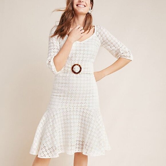 Maeve Dress Size 6 NWT Anthropologie Cream Eyelet Belt Midi - Picture 8 of 8